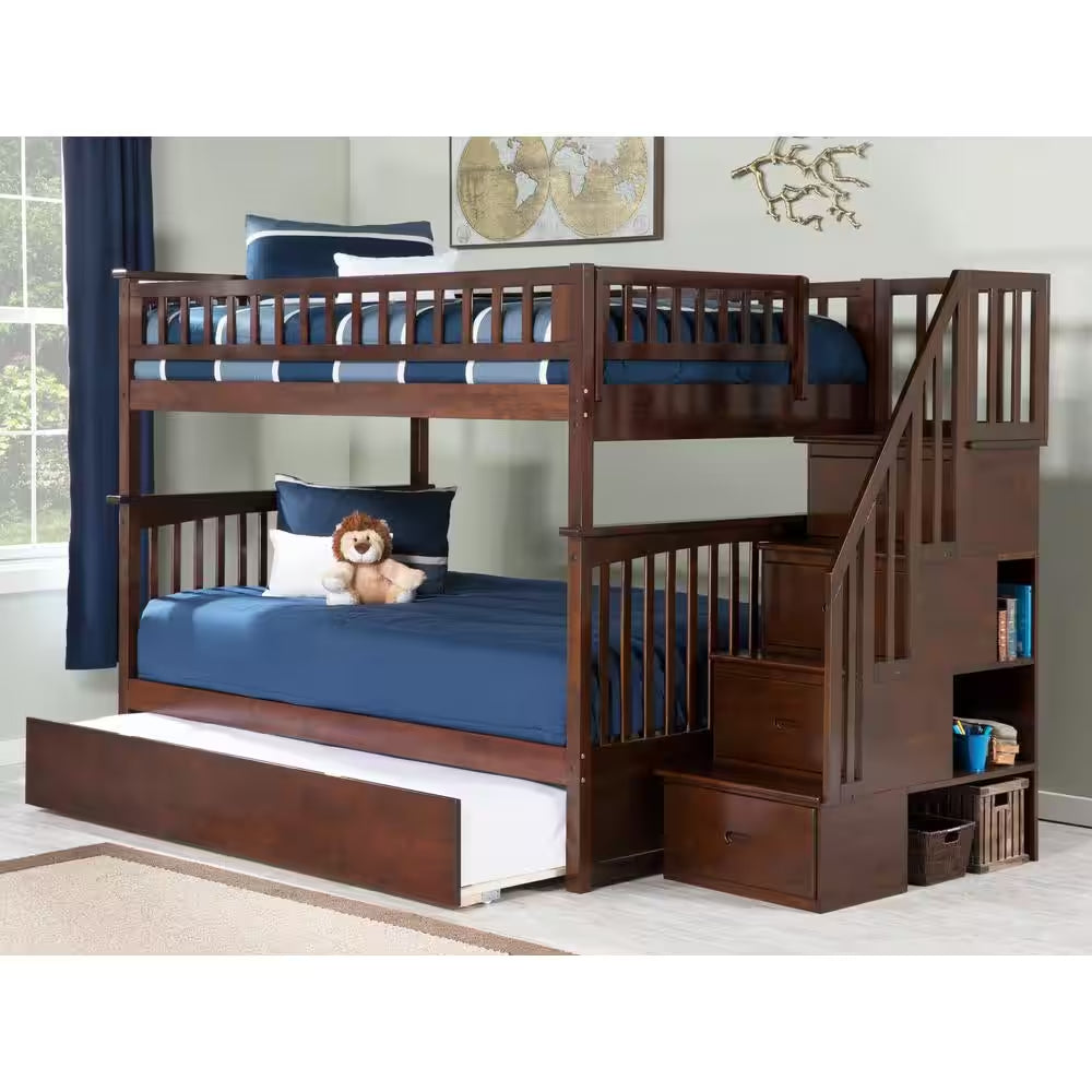Columbia Staircase Walnut Full over Full Bunk Bed with Twin Urban Trundle Bed