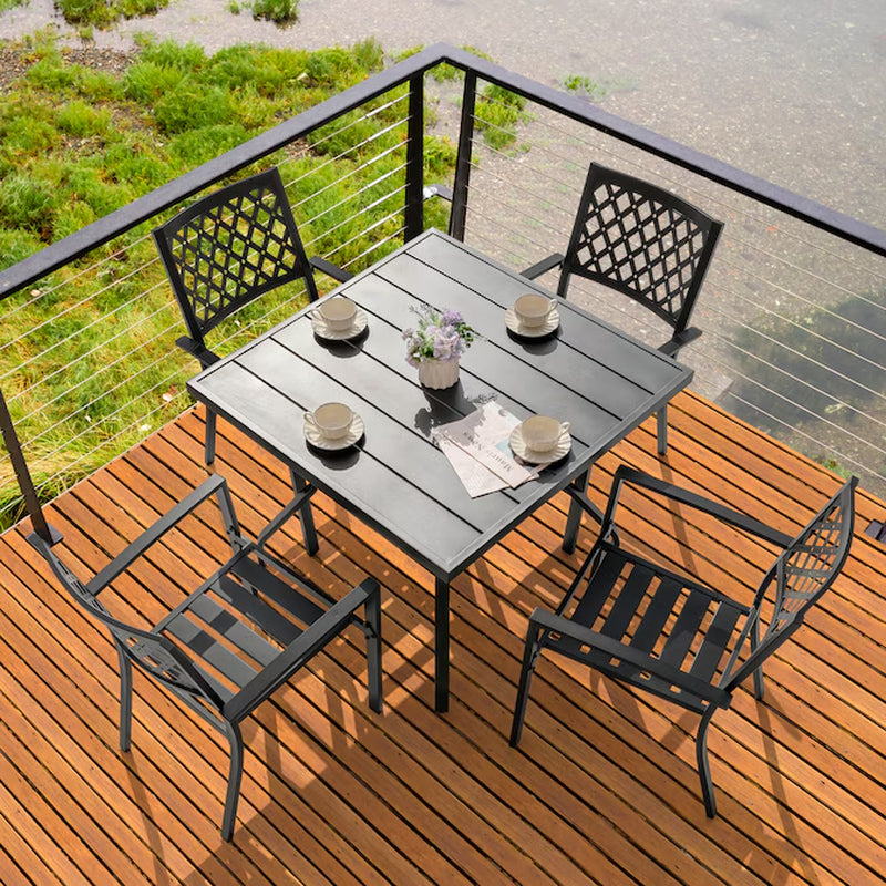 5 -Piece Black with Gold Speckles Patio Dining Set Iron Square Table with 4 Stackable Stationary Chairs