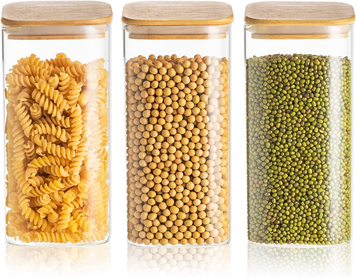 50 Oz Glass Canisters with Airtight Bamboo Lids (Set of 3) - Versatile Food Storage Jars for Kitchen, Ideal for Tea, Coffee, and Dry Goods
