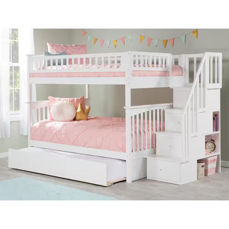 Columbia unk Bed with Twin Trundle Staircase Full-Over-Full B – Space-Saving & Functional Design (White)