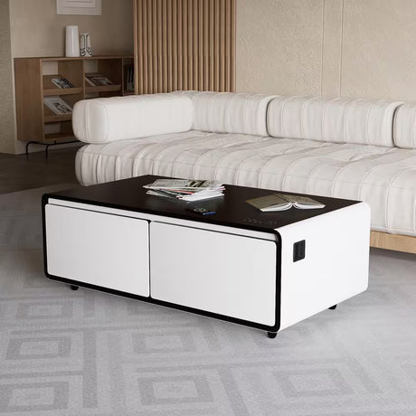 Coffee Table Fridge 27 In. 25 Cu. Ft. Retro Mini Refrigerator in White+Black, Bluetooth Speaker, Wireless Charging
