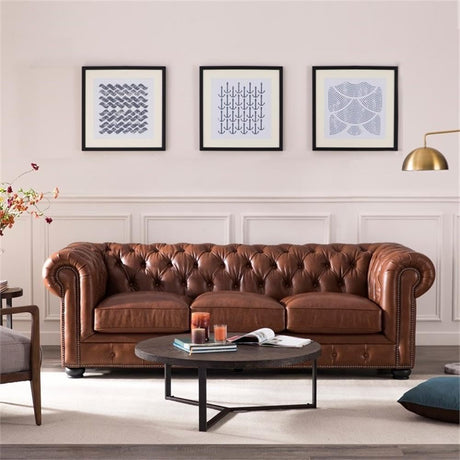 95" Traditional Chesterfield Leather Sofa – Tufted Back & Removable Cushions (Chestnut)