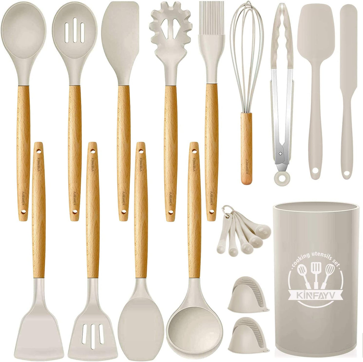 21-Piece Silicone Cooking Utensil Set with Wooden Handles - BPA-Free Non-Toxic Kitchen Gadgets for Nonstick Cookware, Includes Holder (Khaki)