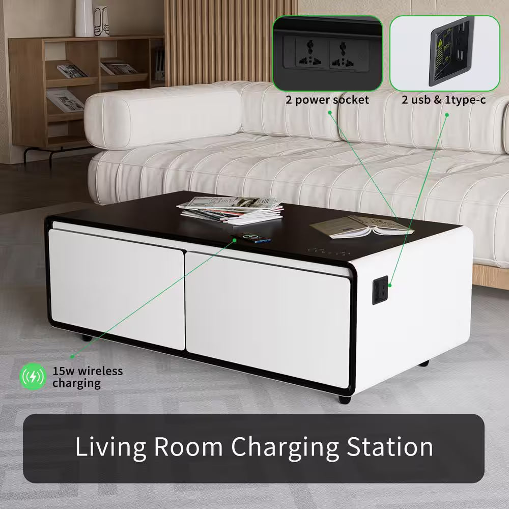 Coffee Table Fridge 27 In. 25 Cu. Ft. Retro Mini Refrigerator in White+Black, Bluetooth Speaker, Wireless Charging