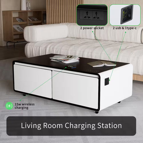 Coffee Table Fridge 27 In. 25 Cu. Ft. Retro Mini Refrigerator in White+Black, Bluetooth Speaker, Wireless Charging