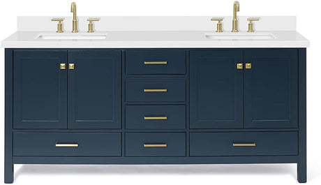 73" Midnight Blue Double Vanity – Pure White Quartz Countertop & Satin Brass Accents