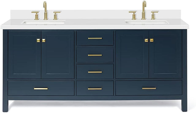 73" Midnight Blue Double Vanity – Pure White Quartz Countertop & Satin Brass Accents