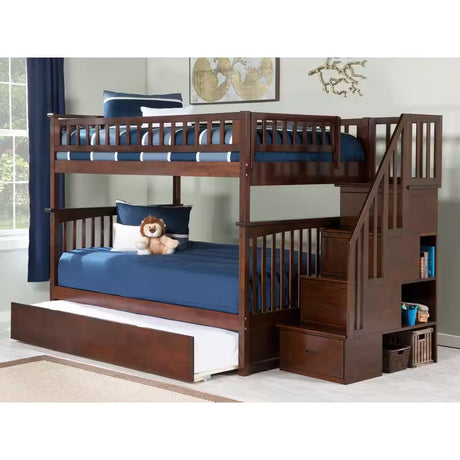 Columbia Staircase Walnut Full over Full Bunk Bed with Twin Urban Trundle Bed