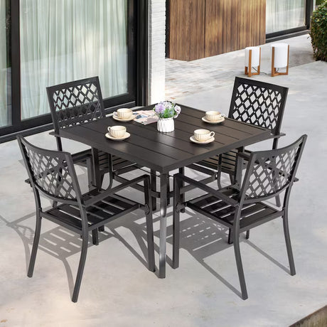 5 -Piece Black with Gold Speckles Patio Dining Set Iron Square Table with 4 Stackable Stationary Chairs