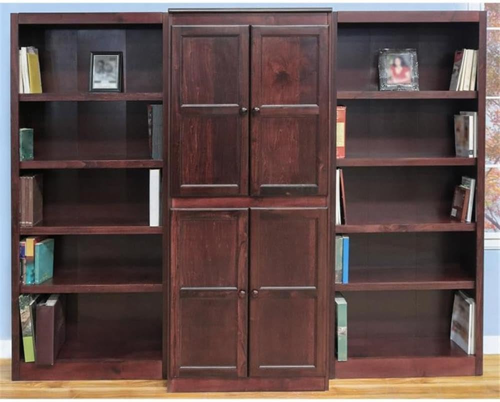 Traditional 72" 15-Shelf Wood Bookcase Wall with Doors in Cherry
