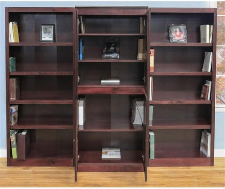 Traditional 72" 15-Shelf Wood Bookcase Wall with Doors in Cherry