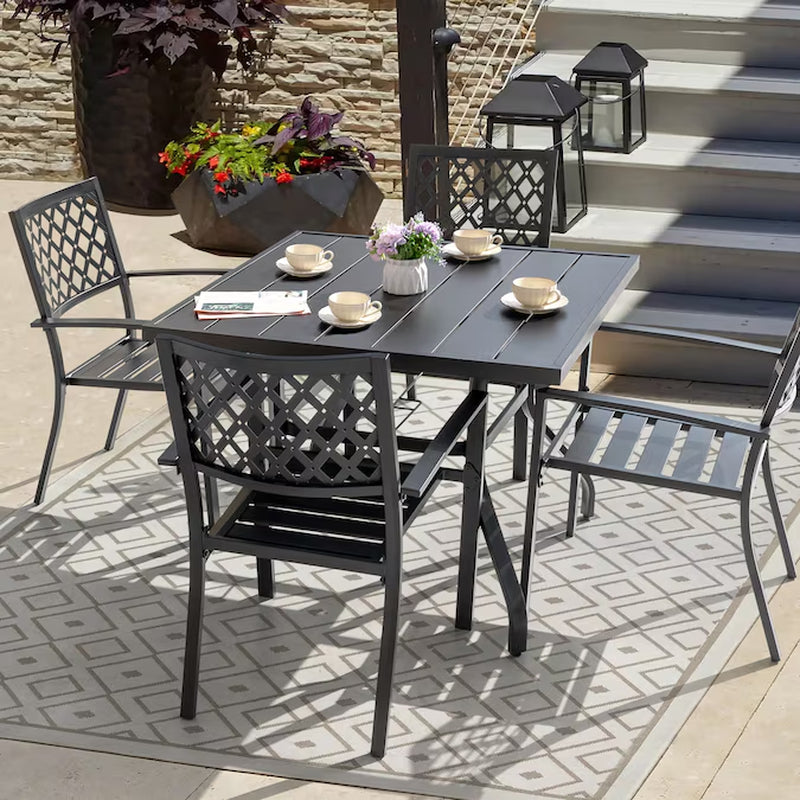 5 -Piece Black with Gold Speckles Patio Dining Set Iron Square Table with 4 Stackable Stationary Chairs