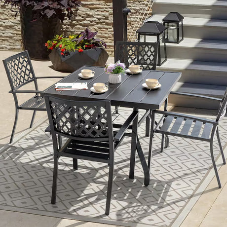 5 -Piece Black with Gold Speckles Patio Dining Set Iron Square Table with 4 Stackable Stationary Chairs