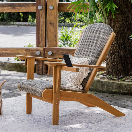 Dunham Wicker Natural Teak Wood Frame Stationary Adirondack Chair with Cushioned Seat