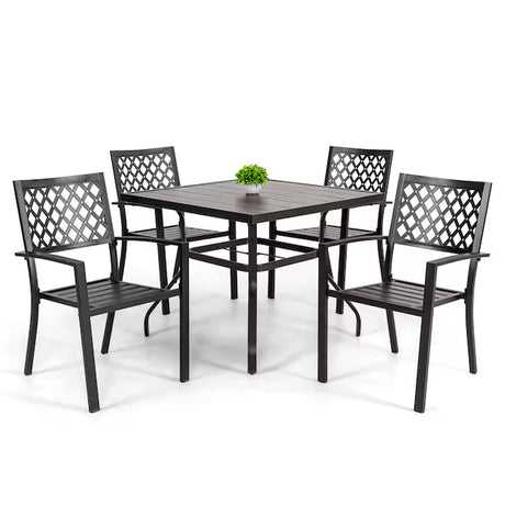 5 -Piece Black with Gold Speckles Patio Dining Set Iron Square Table with 4 Stackable Stationary Chairs