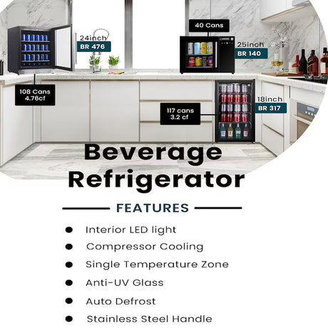 24-Inches W 108 -Can Capacity Stainless Steel Built-In/Freestanding Indoor Beverage Refrigerator with Glass Door