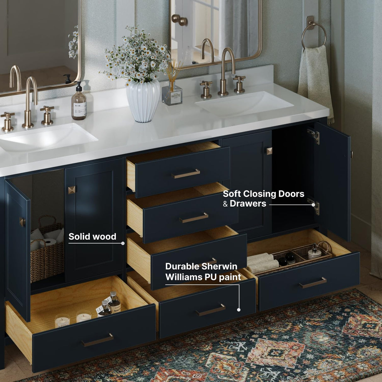 73" Midnight Blue Double Vanity – Pure White Quartz Countertop & Satin Brass Accents