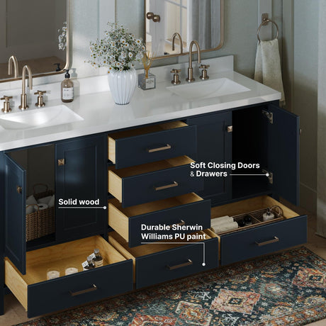 73" Midnight Blue Double Vanity – Pure White Quartz Countertop & Satin Brass Accents