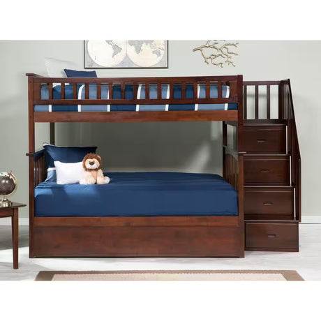 Columbia Staircase Walnut Full over Full Bunk Bed with Twin Urban Trundle Bed