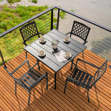 5 -Piece Black with Gold Speckles Patio Dining Set Iron Square Table with 4 Stackable Stationary Chairs