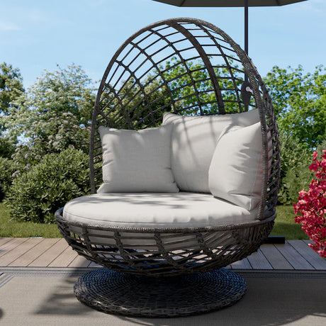Venza Swivel Egg Chair – Wicker & Steel Frame with Light Gray Cushioned Seat