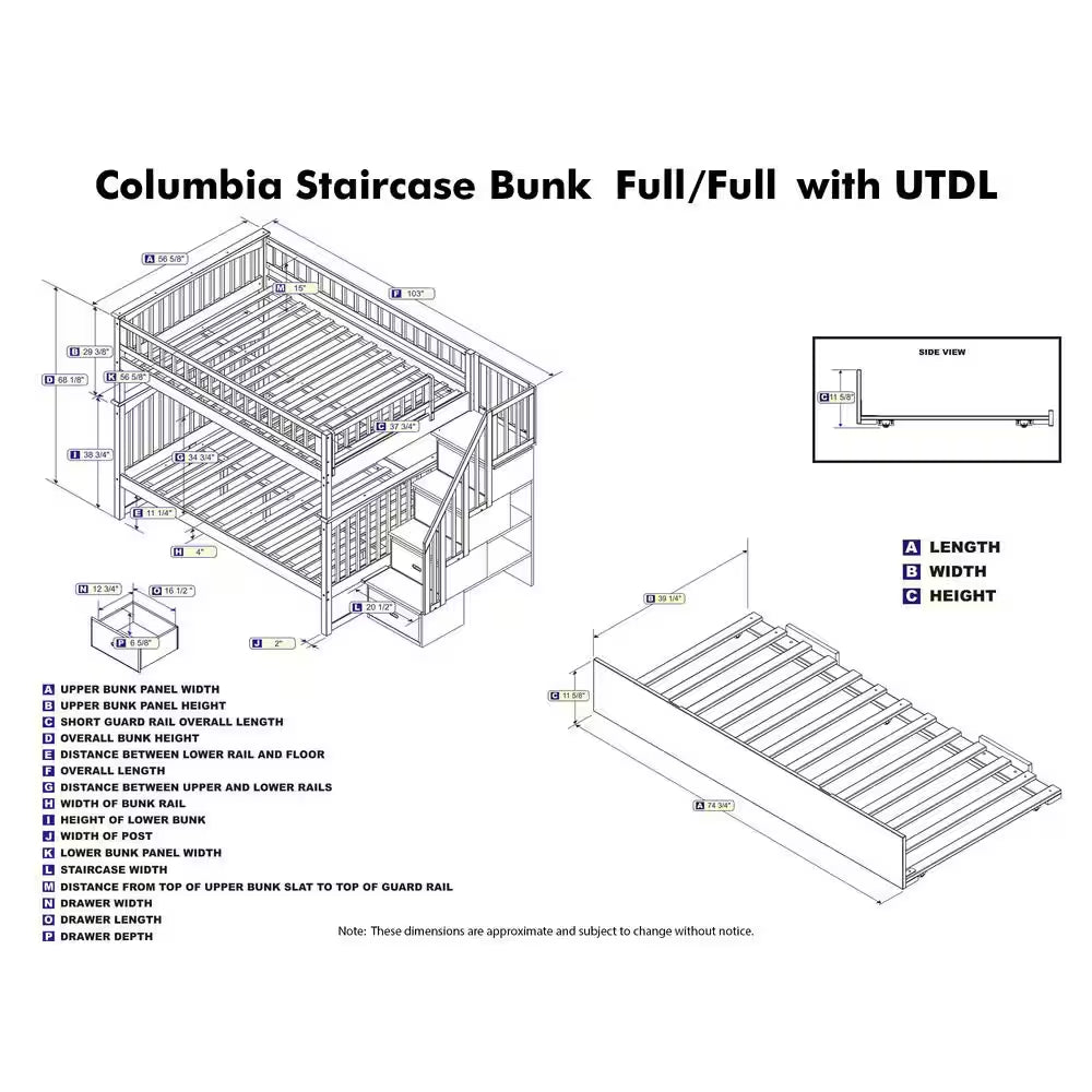 Columbia unk Bed with Twin Trundle Staircase Full-Over-Full B – Space-Saving & Functional Design (White)