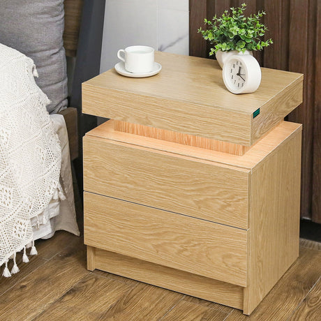 Contemporary LED Nightstand with Two Drawers and Smart Lighting - Textured Wood Finish Bedside Table for Bedroom Furniture