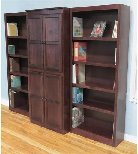 Traditional 72" 15-Shelf Wood Bookcase Wall with Doors in Cherry