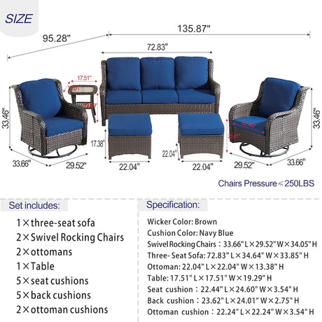 6-Piece Rattan Patio Sofa Conversation Set with Blue Cushions