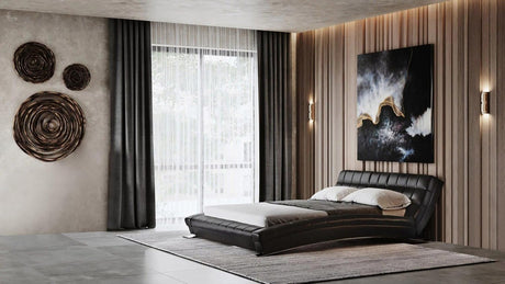 Modern Adonis Black Tufted Genuine Leather Platform Bed - King