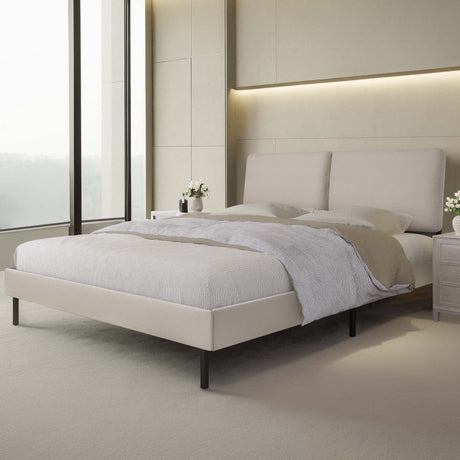 Queen Size Bed Frame with Adjustable Upholstered Linen Headboard and Wooden Slat Support in Khaki