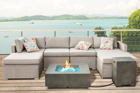 8-Piece Outdoor Patio Sectional Sofa Set – PE Rattan Wicker with Fire Pit Table & Ottomans