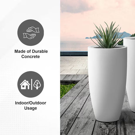 2-Pack 13.4" White Concrete Planters – Modern Indoor/Outdoor Design with Drainage
