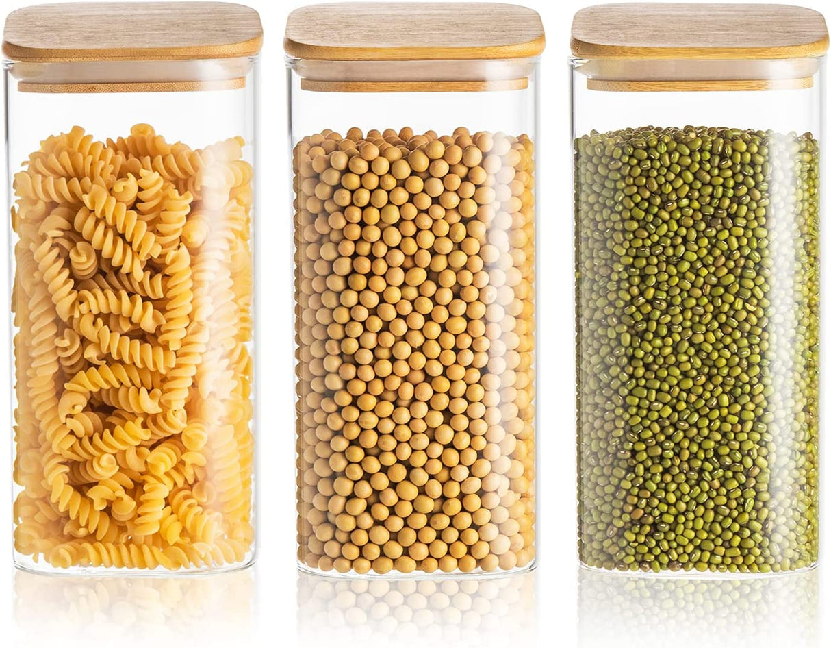 50 Oz Glass Canisters with Airtight Bamboo Lids (Set of 3) - Versatile Food Storage Jars for Kitchen, Ideal for Tea, Coffee, and Dry Goods