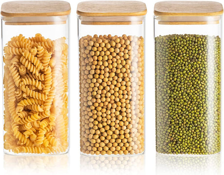 50 Oz Glass Canisters with Airtight Bamboo Lids (Set of 3) - Versatile Food Storage Jars for Kitchen, Ideal for Tea, Coffee, and Dry Goods