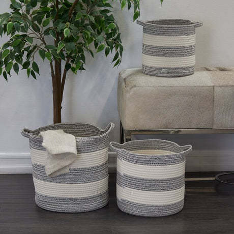 3-Pack (14-In W X 14-In H X 18.8-In D) Gray Handmade Striped with Handles Cotton Stackable Basket
