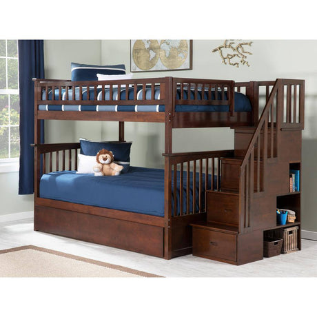 Columbia Staircase Walnut Full over Full Bunk Bed with Twin Urban Trundle Bed