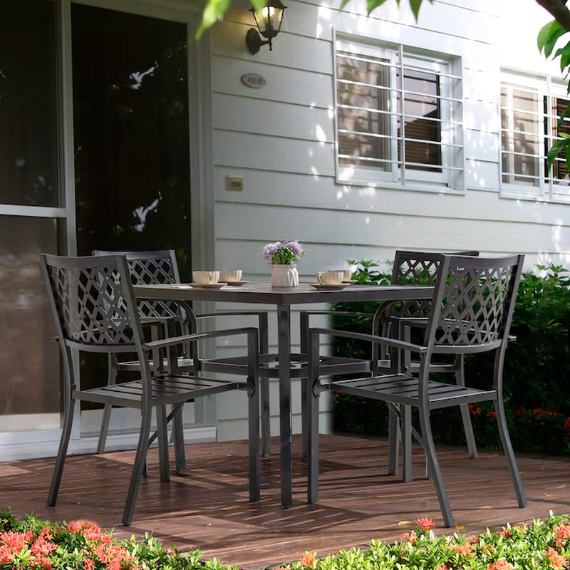 5 -Piece Black with Gold Speckles Patio Dining Set Iron Square Table with 4 Stackable Stationary Chairs