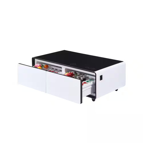 Coffee Table Fridge 27 In. 25 Cu. Ft. Retro Mini Refrigerator in White+Black, Bluetooth Speaker, Wireless Charging