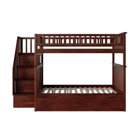Columbia Staircase Walnut Full over Full Bunk Bed with Twin Urban Trundle Bed