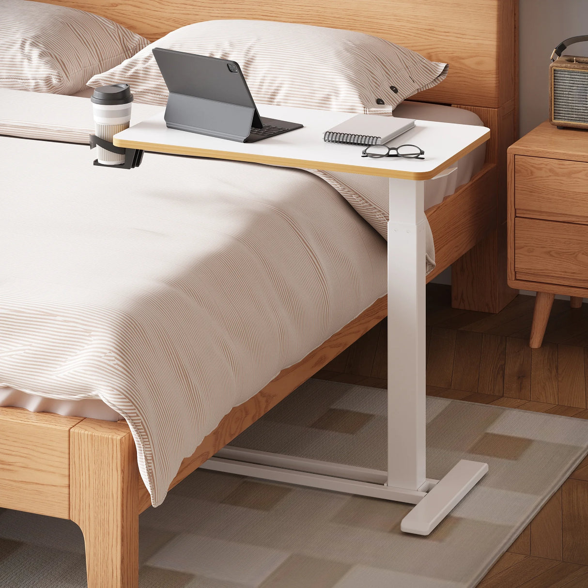 Adjustable White 28" x 16" Overbed Bedside Table with Wheels - Portable Laptop Desk and Stand-Up Work Station Cart for Sofa and Bed