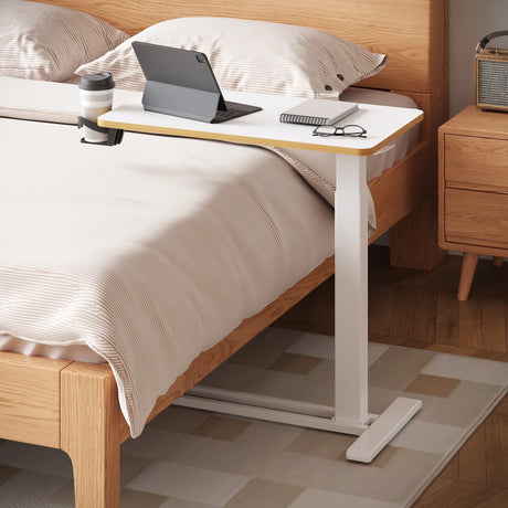 Adjustable White 28" x 16" Overbed Bedside Table with Wheels - Portable Laptop Desk and Stand-Up Work Station Cart for Sofa and Bed