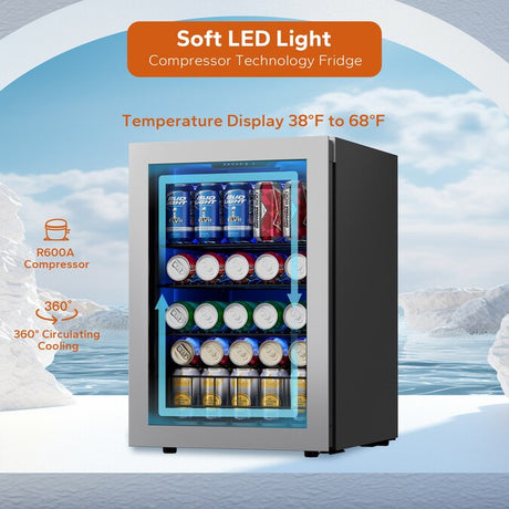 16.9-Inches W 82 -Can Capacity Stainless Steel Freestanding Indoor Beverage Refrigerator with Glass Door