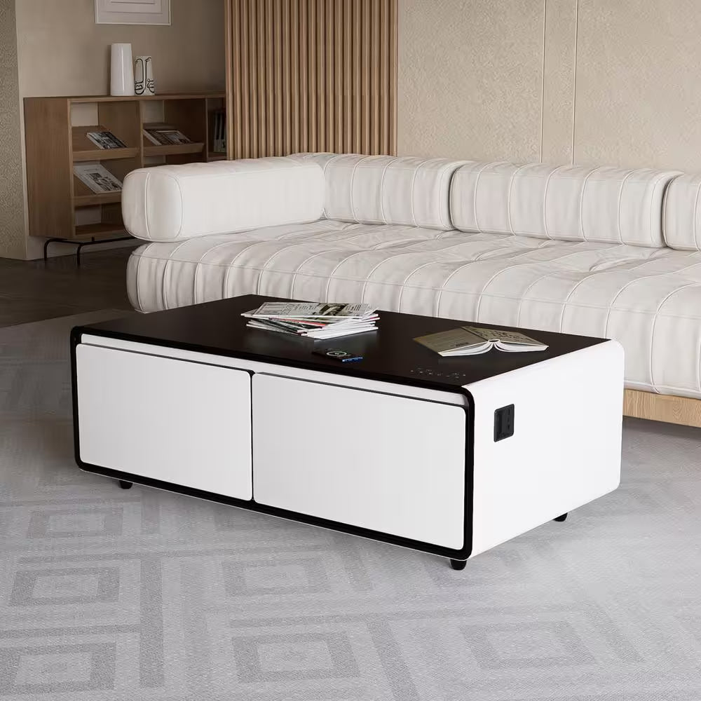 Coffee Table Fridge 27 In. 25 Cu. Ft. Retro Mini Refrigerator in White+Black, Bluetooth Speaker, Wireless Charging