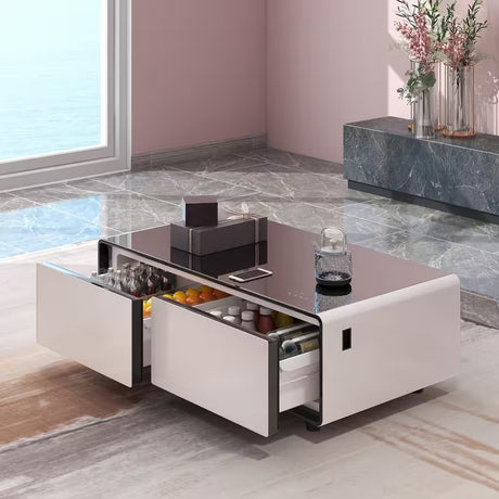 Coffee Table Fridge 27 In. 25 Cu. Ft. Retro Mini Refrigerator in White+Black, Bluetooth Speaker, Wireless Charging