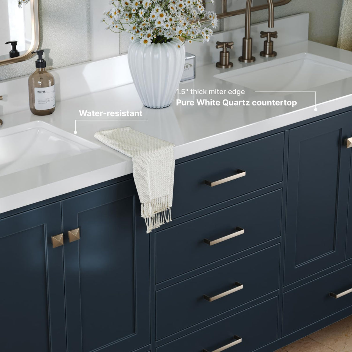 73" Midnight Blue Double Vanity – Pure White Quartz Countertop & Satin Brass Accents