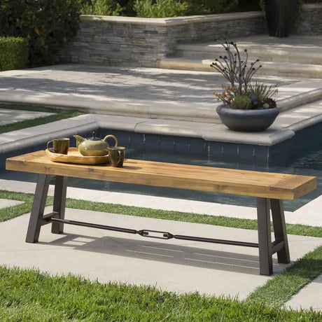 63-Inch Teak Brown Wood and Metal Outdoor Patio Dining Bench
