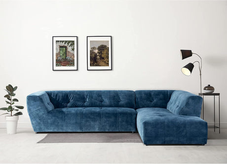 Mid-Century Velvet Sectional Sofa Couch for Living Room, L-Shape 2-Piece 113”W Right Hand Facing Chaise, Blue