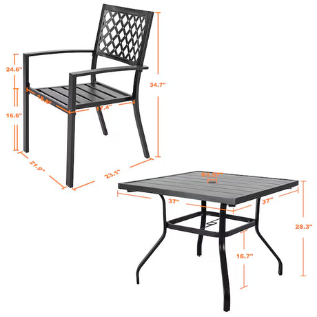 5 -Piece Black with Gold Speckles Patio Dining Set Iron Square Table with 4 Stackable Stationary Chairs