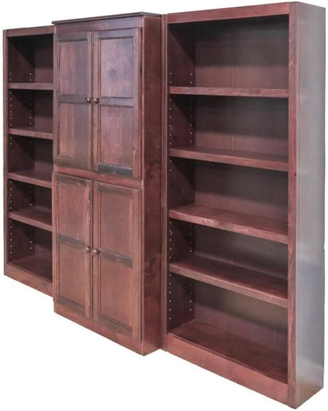Traditional 72" 15-Shelf Wood Bookcase Wall with Doors in Cherry